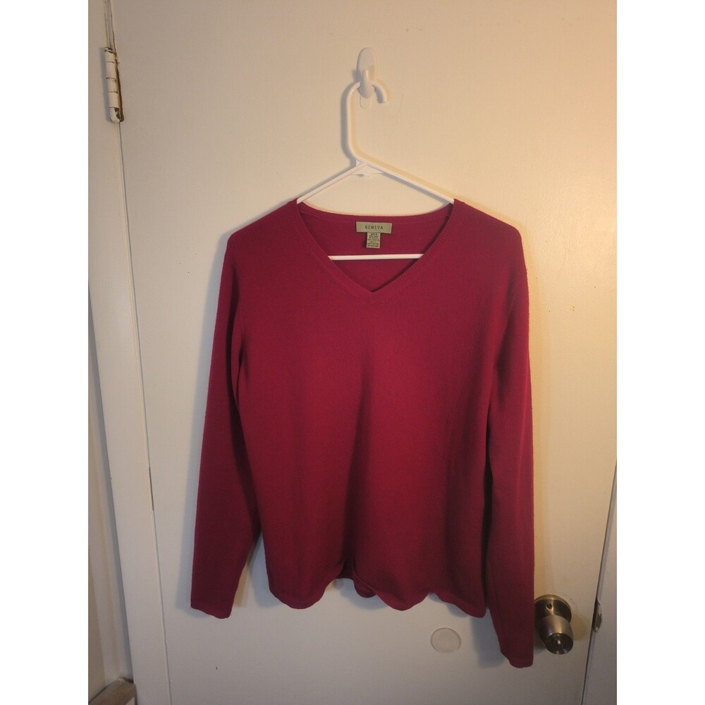 GENEVA 100% Cashmere V-Neck Sweater Women's Size L Red Long Sleeve Knit Pullover